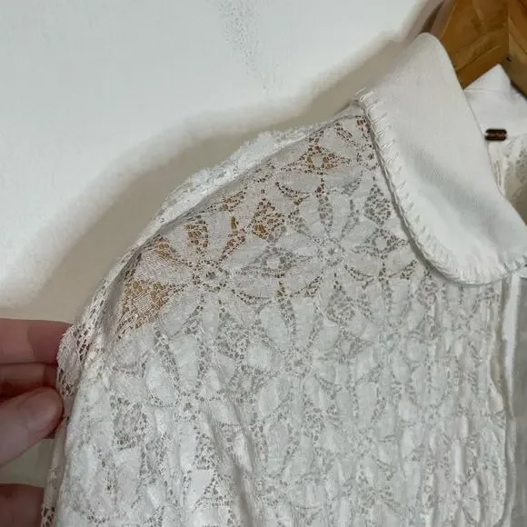 Free People White Tunic Top M Womens Button Front Collared Long Sleeve Lace Tie - Picture 2 of 10